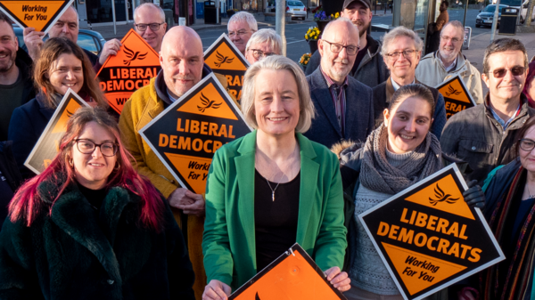 Claire with a crowd of Lib Dem Campaigners