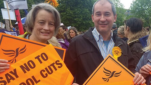 Claire Young campaigning against school funding cuts